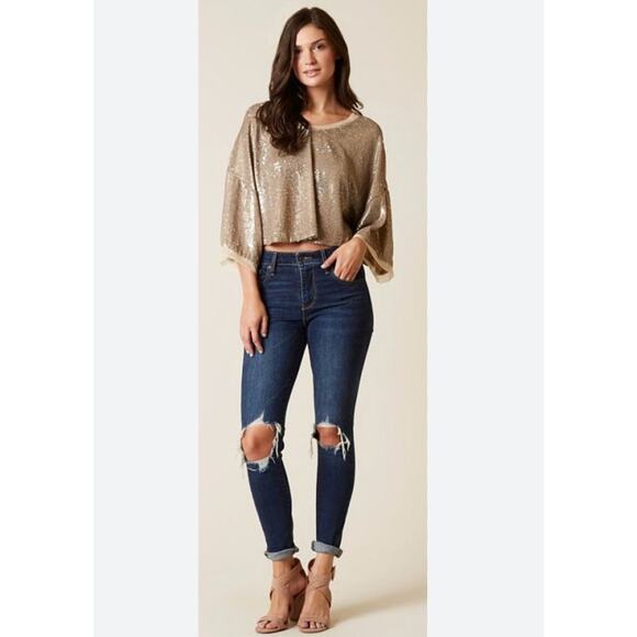 Free People Blouse XS Gold Sequin Cropped Glam Swiftie Festival Bling Club - Picture 2 of 8